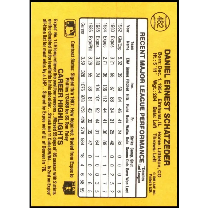 1987 Donruss #482 Dan Schatzeder EX Excellent Philadelphia Phillies Baseball Card - Baseball Card Single