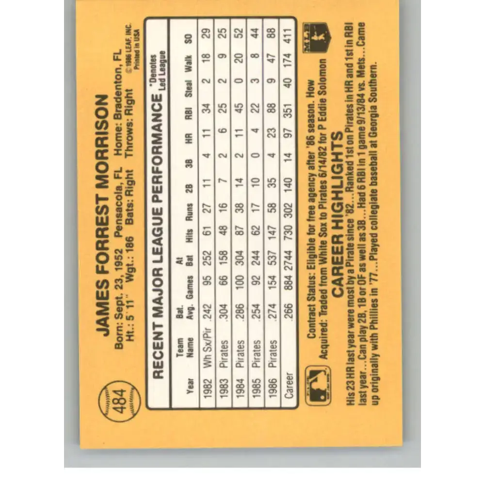 1987 Donruss #484 Jim Morrison EX Excellent Pittsburgh Pirates Baseball Card - Baseball Card Single