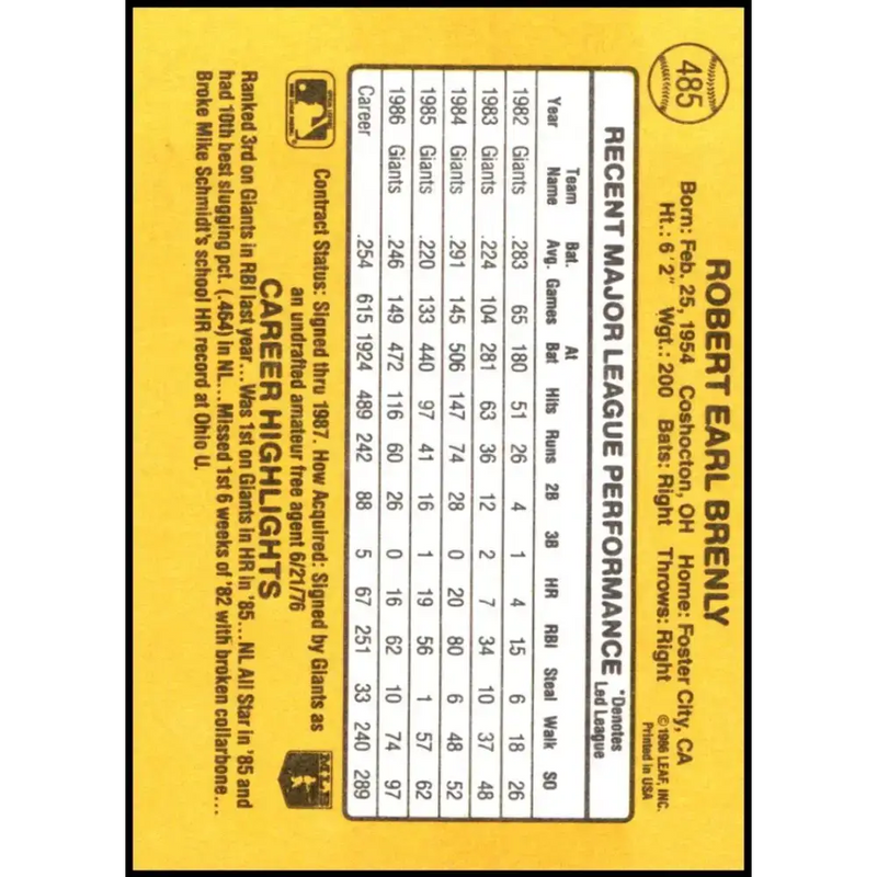 1987 Donruss #485 Bob Brenly EX Excellent San Francisco Giants Baseball Card - Baseball Card Single