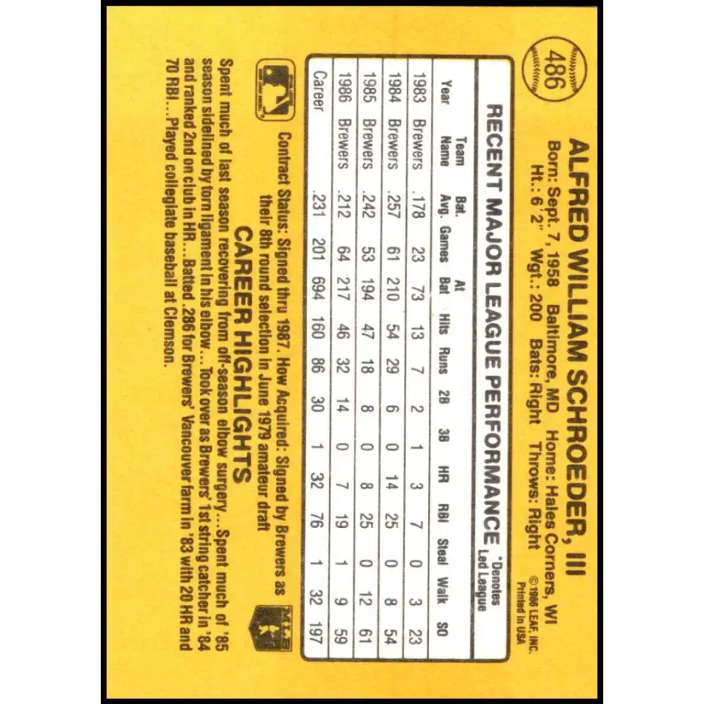 1987 Donruss #486 Bill Schroeder EX Excellent Milwaukee Brewers Baseball Card - Baseball Card Single
