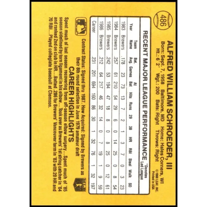 1987 Donruss #486 Bill Schroeder EX Excellent Milwaukee Brewers Baseball Card - Baseball Card Single