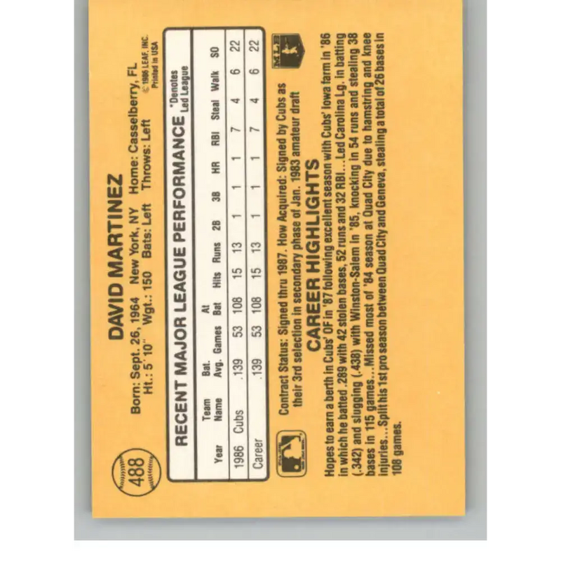 1987 Donruss #488 Dave Martinez EX Excellent RC Rookie Chicago Cubs Baseball Card