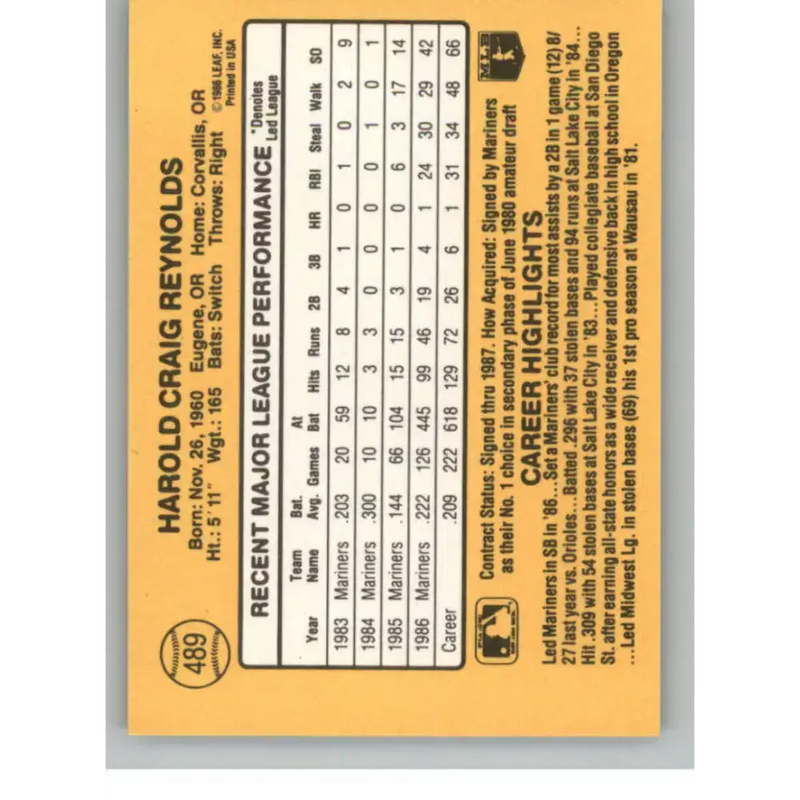 1987 Donruss #489 Harold Reynolds EX Excellent Seattle Mariners Baseball Card - Baseball Card Single