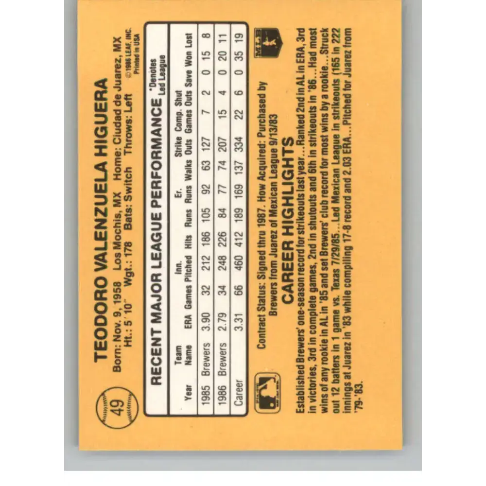 1987 Donruss #49 Teddy Higuera EX Excellent Milwaukee Brewers Baseball Card - Baseball Card Single