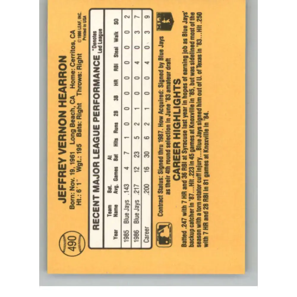 1987 Donruss #490 Jeff Hearron EX Excellent RC Rookie Toronto Blue Jays Baseball Card - Baseball Card Single