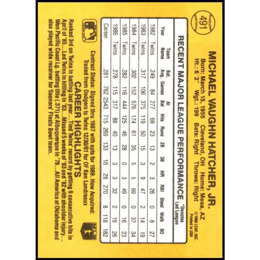 1987 Donruss #491 Mickey Hatcher EX Excellent Minnesota Twins Baseball Card - Baseball Card Single