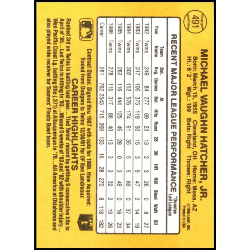 1987 Donruss #491 Mickey Hatcher EX Excellent Minnesota Twins Baseball Card - Baseball Card Single