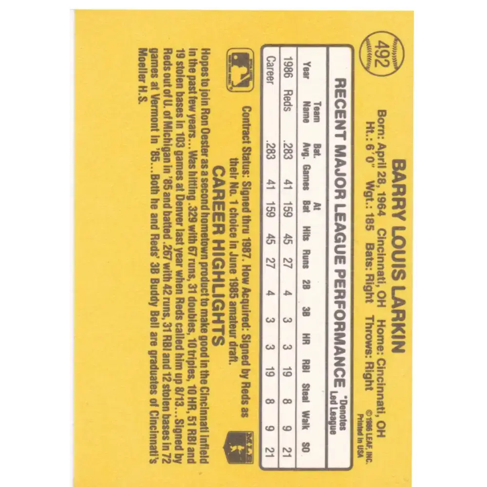 1987 Donruss #492 Barry Larkin EX Excellent RC Rookie Cincinnati Reds Baseball Card - Baseball Card Single