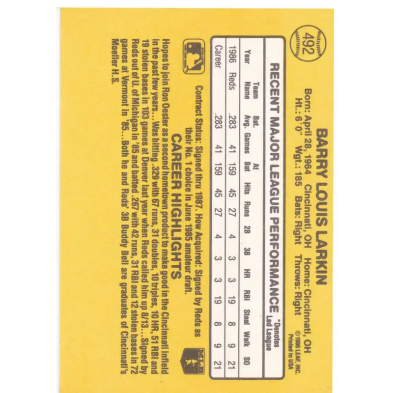 1987 Donruss #492 Barry Larkin EX Excellent RC Rookie Cincinnati Reds Baseball Card - Baseball Card Single