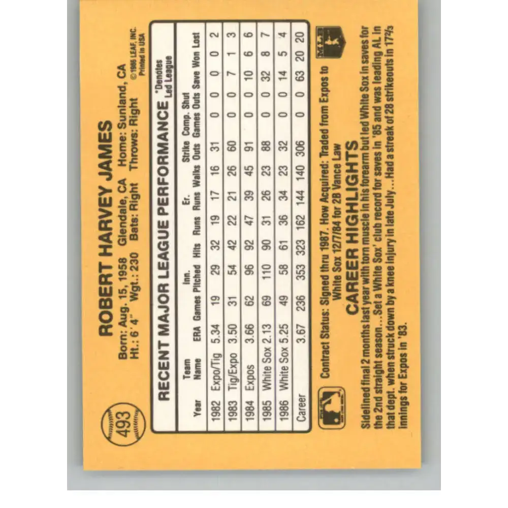 1987 Donruss #493 Bob James EX Excellent Chicago White Sox Baseball Card - Baseball Card Single