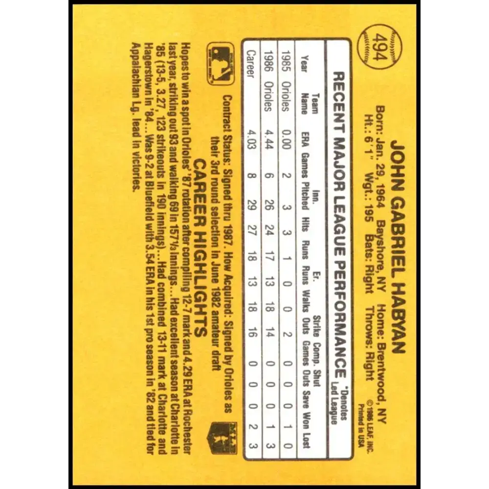 1987 Donruss #494 John Habyan EX Excellent Baltimore Orioles Baseball Card - Baseball Card Single