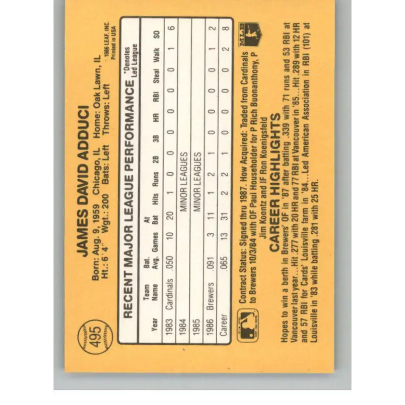 1987 Donruss #495 Jim Adduci EX Excellent RC Rookie Milwaukee Brewers Baseball Card - Baseball Card Single