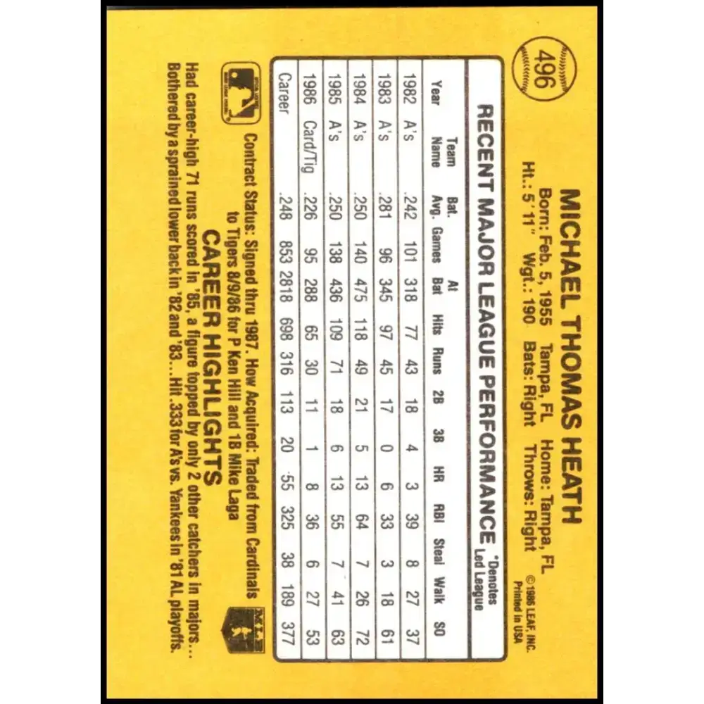 1987 Donruss #496 Mike Heath EX Excellent Detroit Tigers Baseball Card - Baseball Card Single