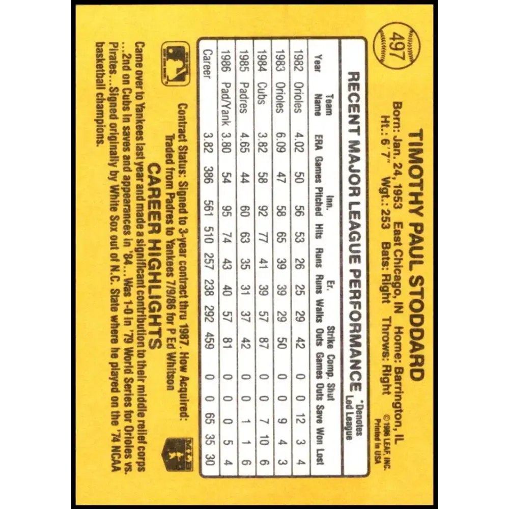 1987 Donruss #497 Tim Stoddard EX Excellent New York Yankees Baseball Card - Baseball Card Single