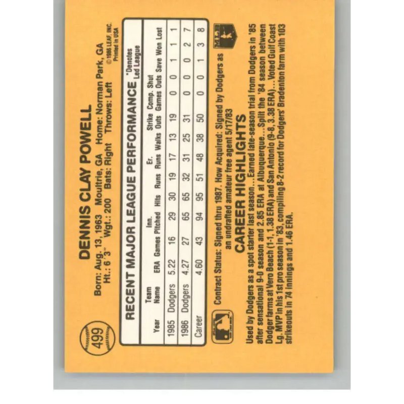 1987 Donruss #499 Dennis Powell EX Excellent Los Angeles Dodgers Baseball Card - Baseball Card Single