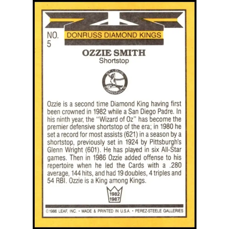 1987 Donruss #5 Ozzie Smith EX Excellent St. Louis Cardinals Baseball Card