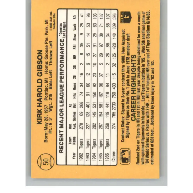 1987 Donruss #50 Kirk Gibson EX Excellent Detroit Tigers Baseball Card - Baseball Card Single