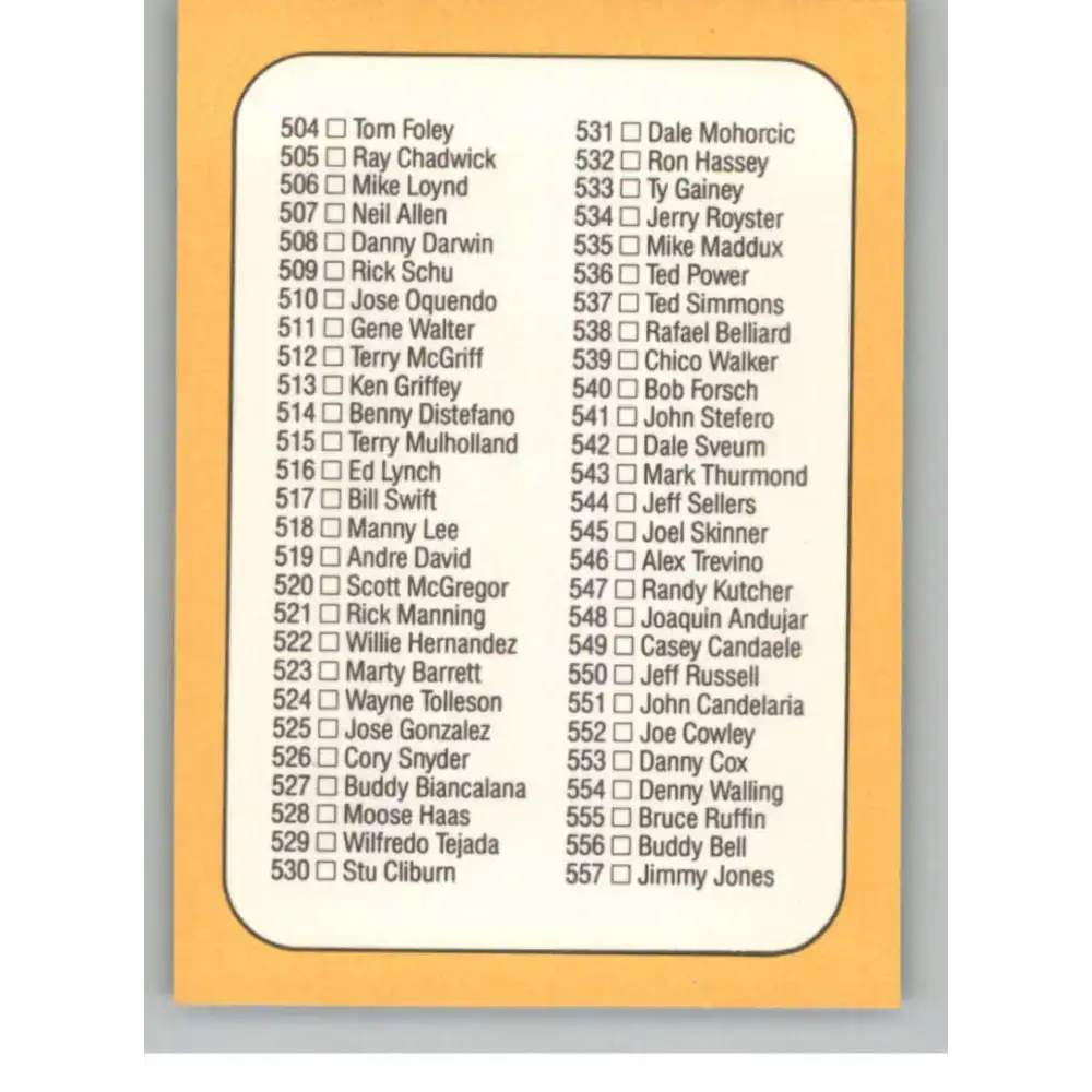 1987 Donruss #500 Checklist 452-557 EX Excellent Checklist Baseball Card - Baseball Card Single