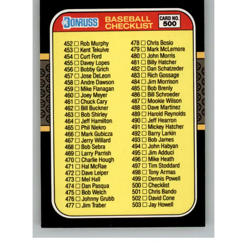 1987 Donruss #500 Checklist 452-557 EX Excellent Checklist Baseball Card - Baseball Card Single