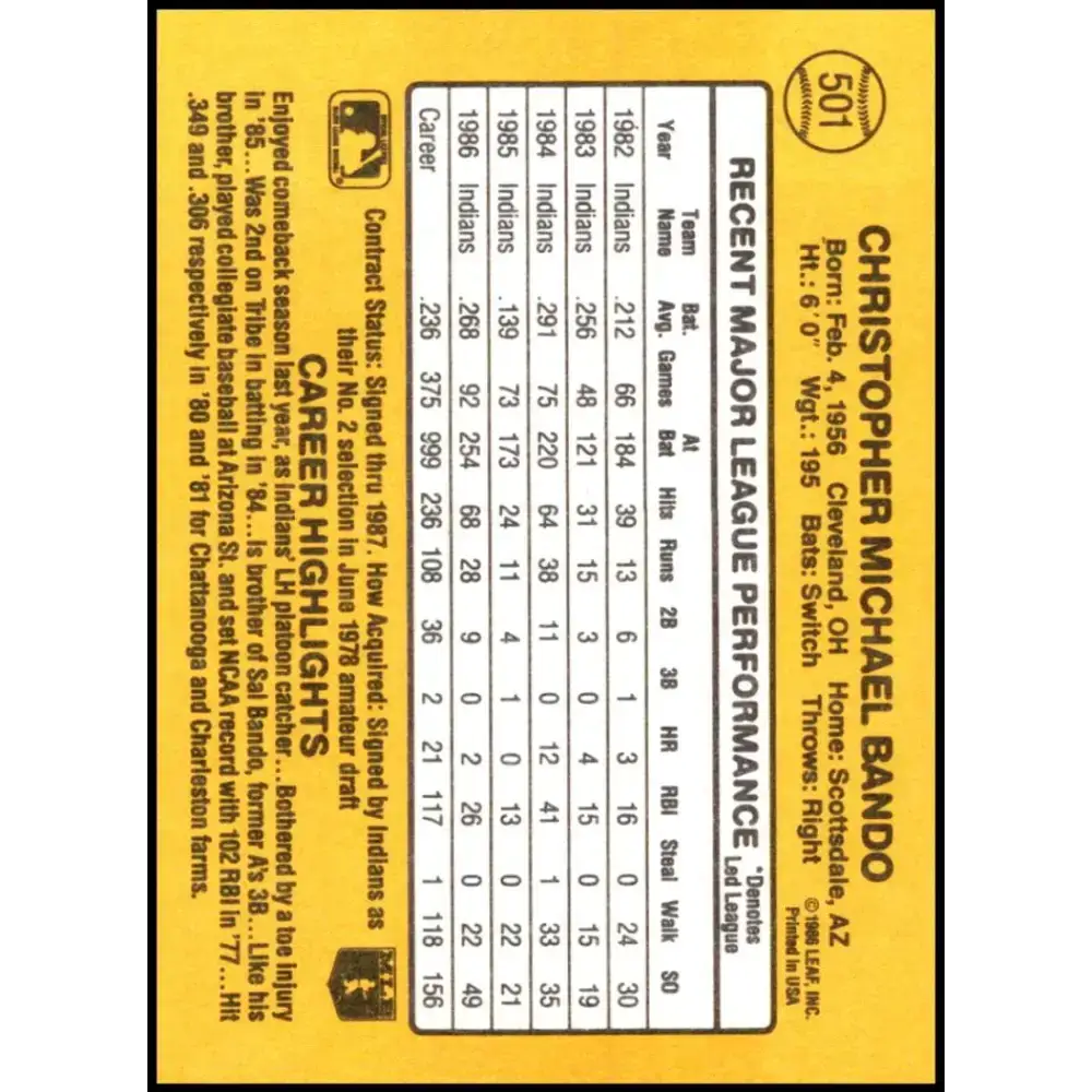 1987 Donruss #501 Chris Bando EX Excellent Cleveland Indians Baseball Card - Baseball Card Single