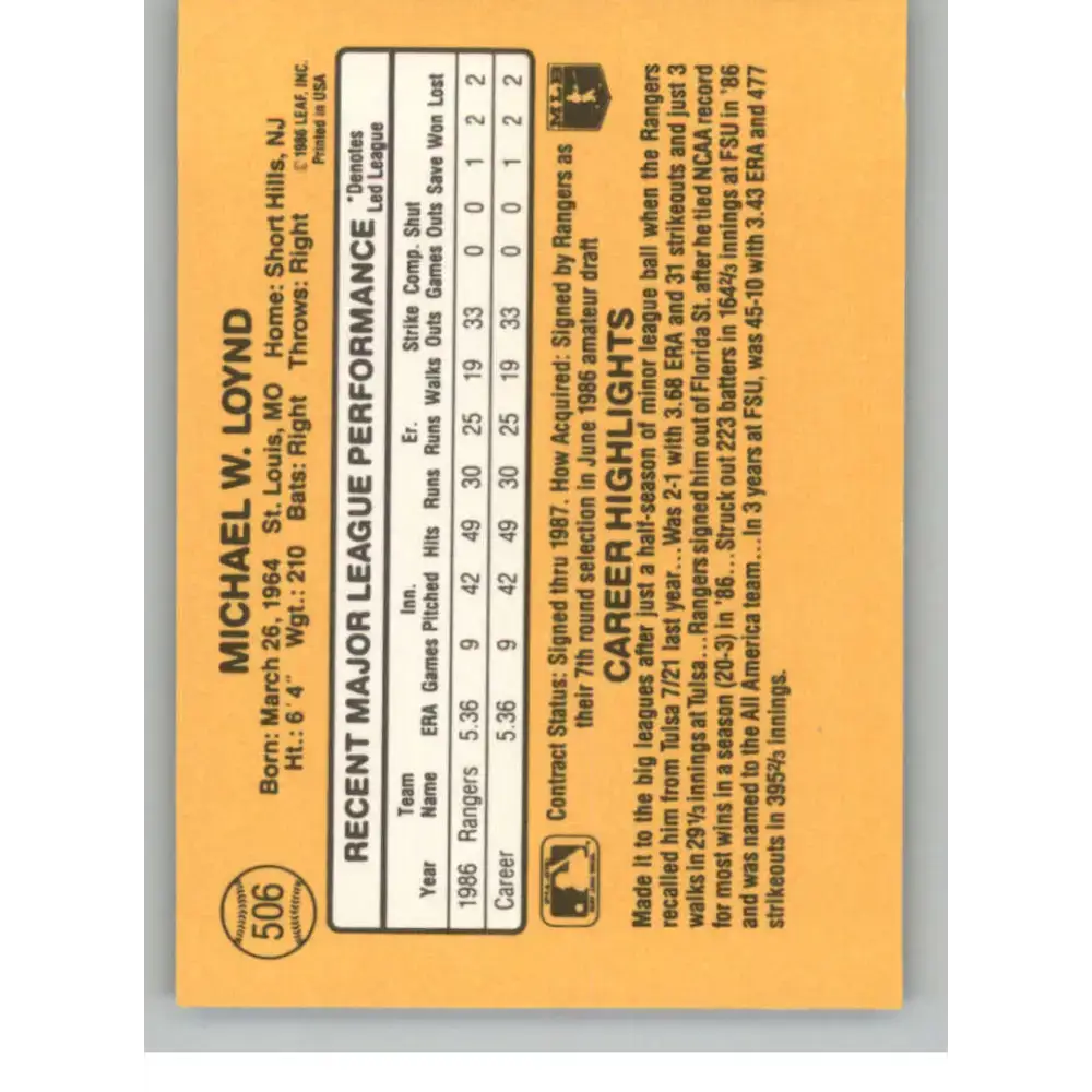 1987 Donruss #506 Mike Loynd EX Excellent RC Rookie Texas Rangers Baseball Card - Baseball Card Single