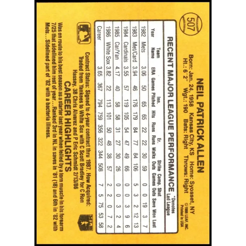1987 Donruss #507 Neil Allen EX Excellent Chicago White Sox Baseball Card - Baseball Card Single