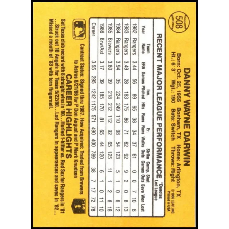 1987 Donruss #508 Danny Darwin EX Excellent Houston Astros Baseball Card - Baseball Card Single