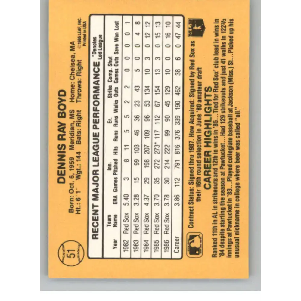 1987 Donruss #51 Oil Can Boyd EX Excellent Boston Red Sox Baseball Card - Baseball Card Single