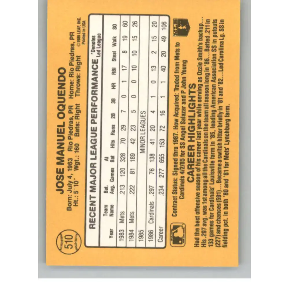 1987 Donruss #510 Jose Oquendo EX Excellent St. Louis Cardinals Baseball Card - Baseball Card Single