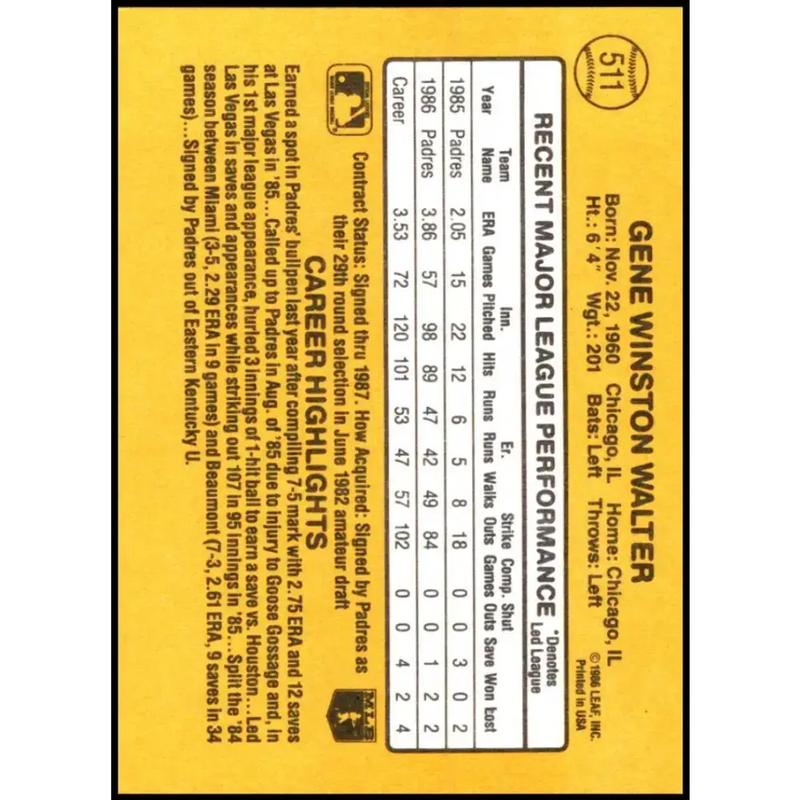 1987 Donruss #511 Gene Walter EX Excellent San Diego Padres Baseball Card - Baseball Card Single
