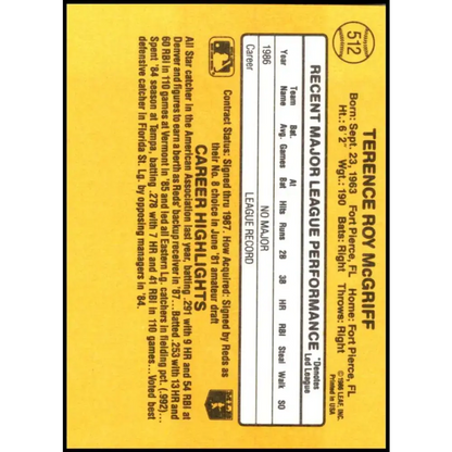 1987 Donruss #512 Terry McGriff EX RC Rookie Cincinnati Reds Baseball Card