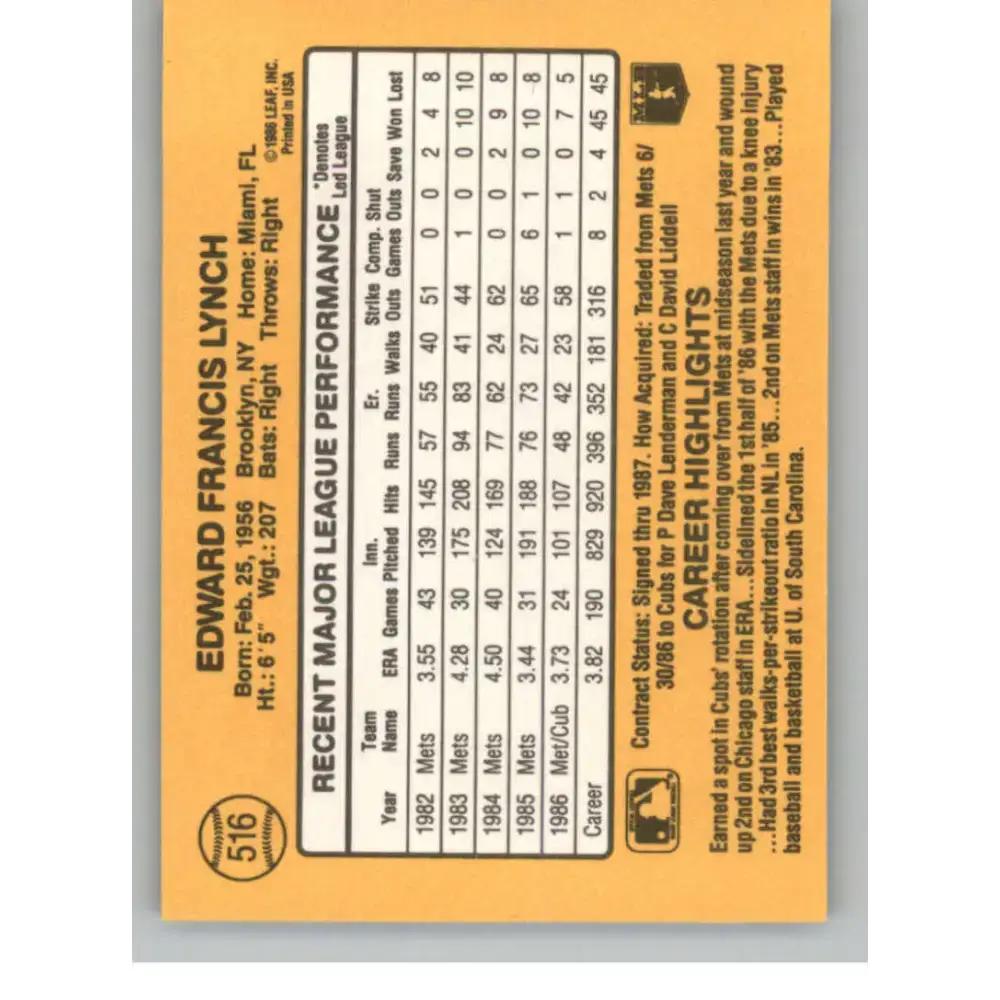 1987 Donruss #516 Ed Lynch EX Excellent Chicago Cubs Baseball Card - Baseball Card Single