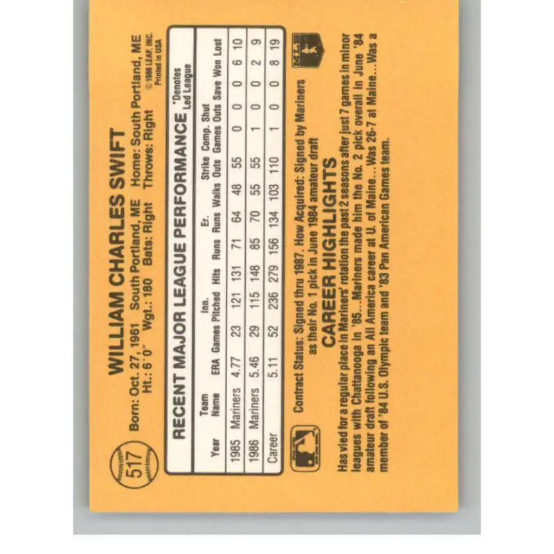 1987 Donruss #517 Bill Swift EX Excellent Seattle Mariners Baseball Card - Baseball Card Single