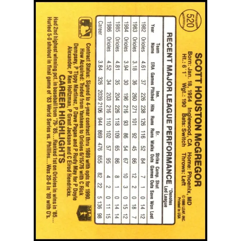 1987 Donruss #520 Scott McGregor EX Excellent Baltimore Orioles Baseball Card - Baseball Card Single