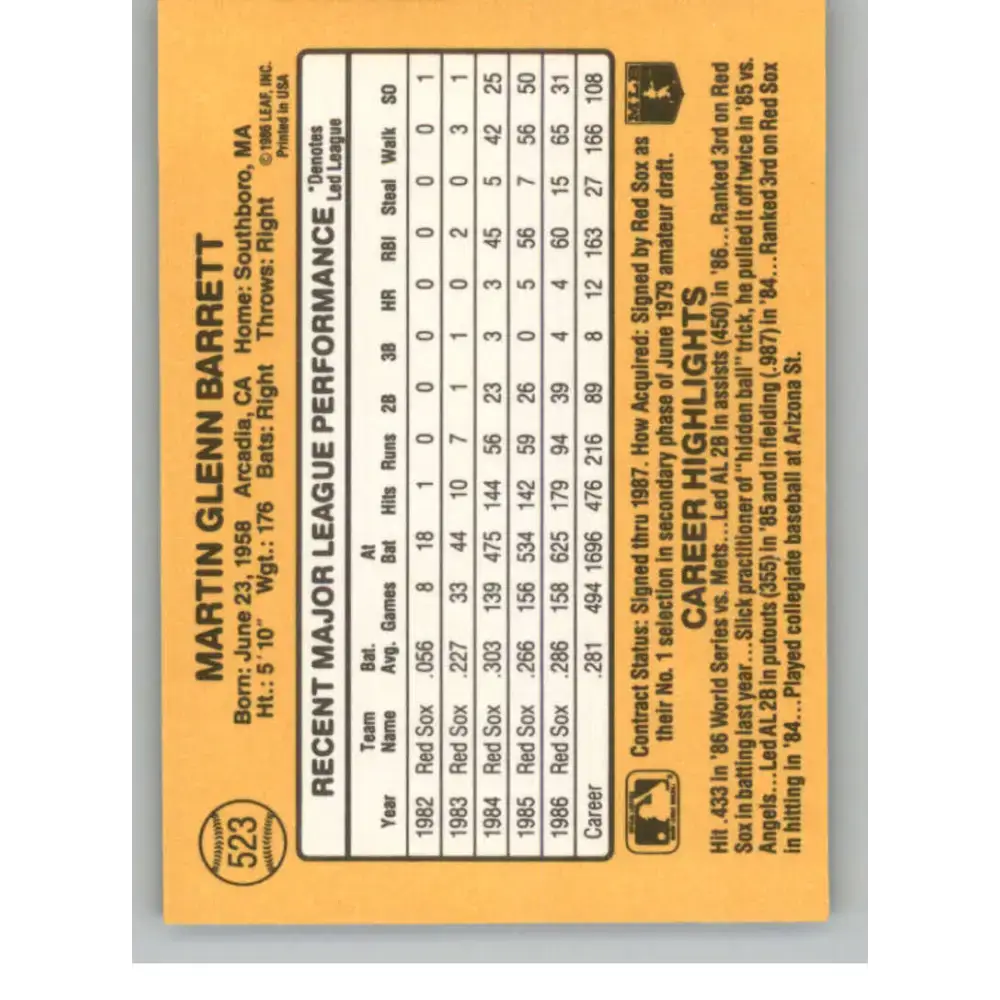 1987 Donruss #523 Marty Barrett EX Excellent Boston Red Sox Baseball Card - Baseball Card Single