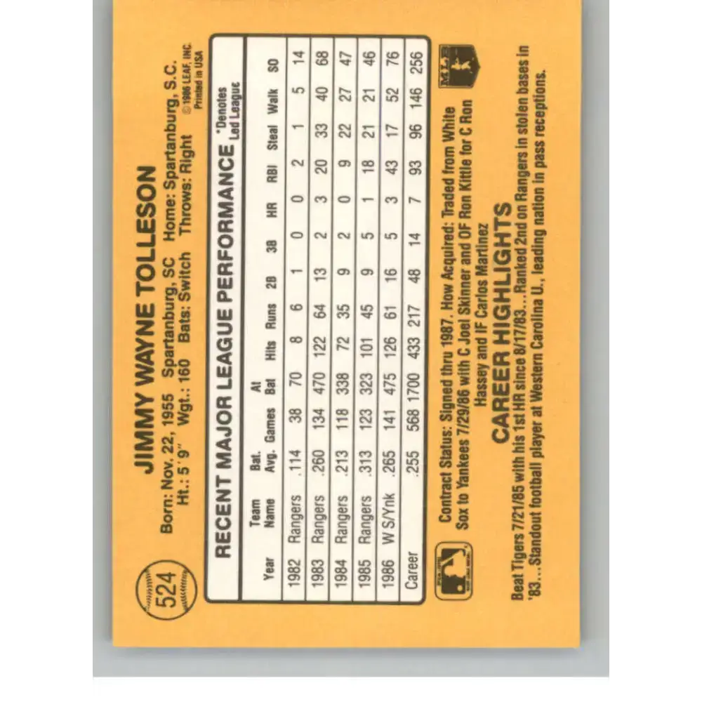 1987 Donruss #524 Wayne Tolleson EX Excellent New York Yankees Baseball Card - Baseball Card Single