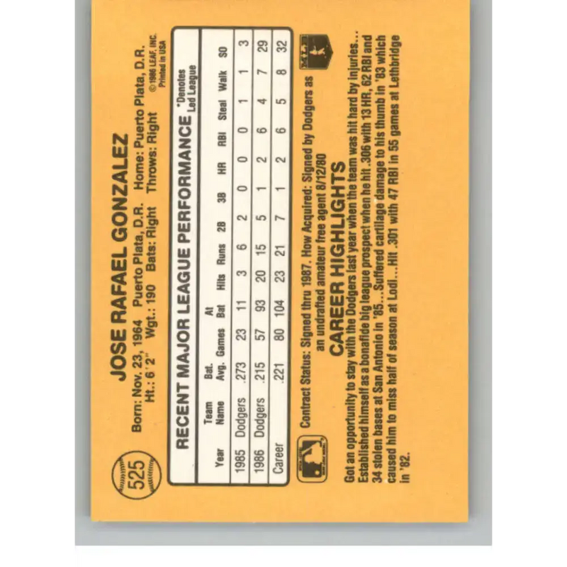 1987 Donruss #525 Jose Gonzalez EX Excellent RC Rookie Los Angeles Dodgers Baseball Card - Baseball Card Single