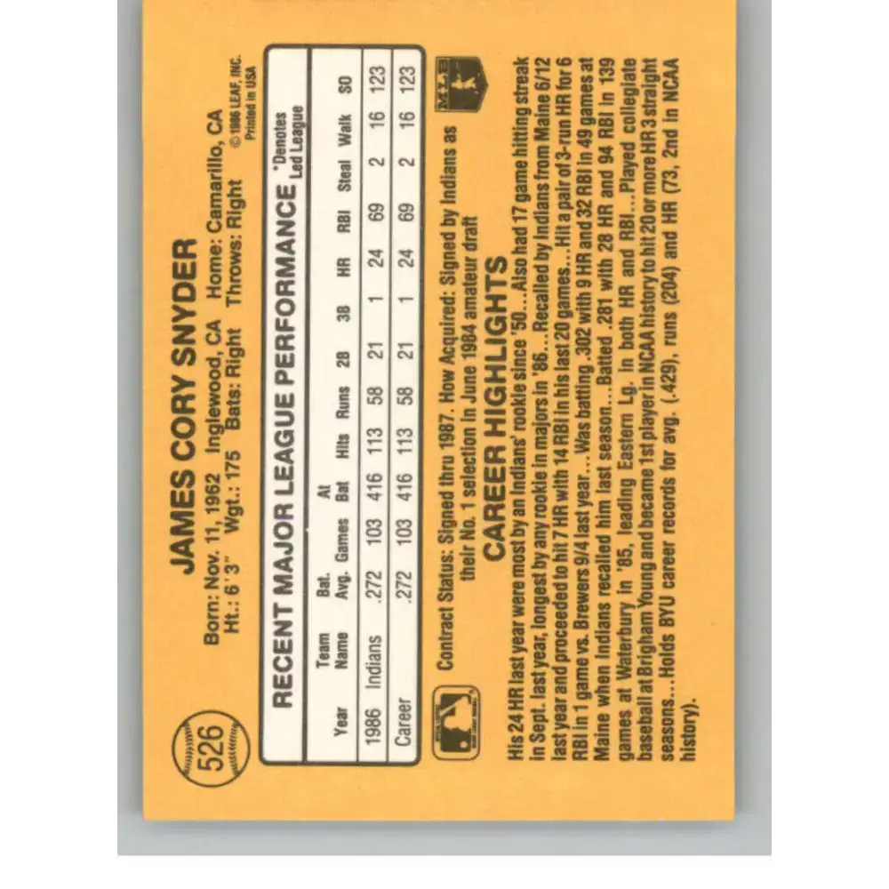1987 Donruss #526 Cory Snyder EX Excellent Cleveland Indians Baseball Card - Baseball Card Single