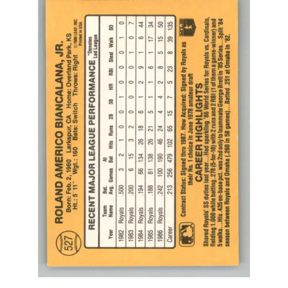 1987 Donruss #527 Buddy Biancalana EX Excellent Kansas City Royals Baseball Card - Baseball Card Single
