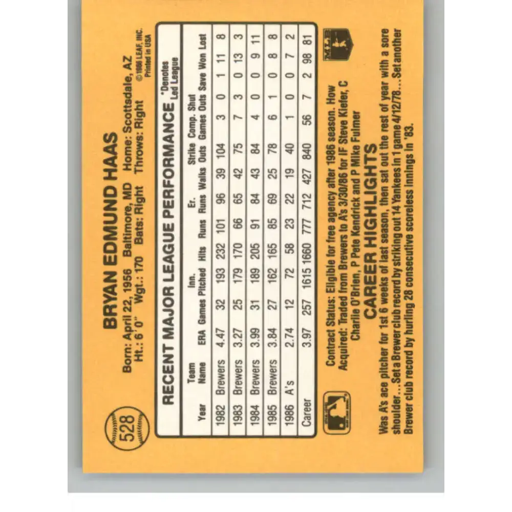 1987 Donruss #528 Moose Haas EX Excellent Oakland Athletics Baseball Card - Baseball Card Single
