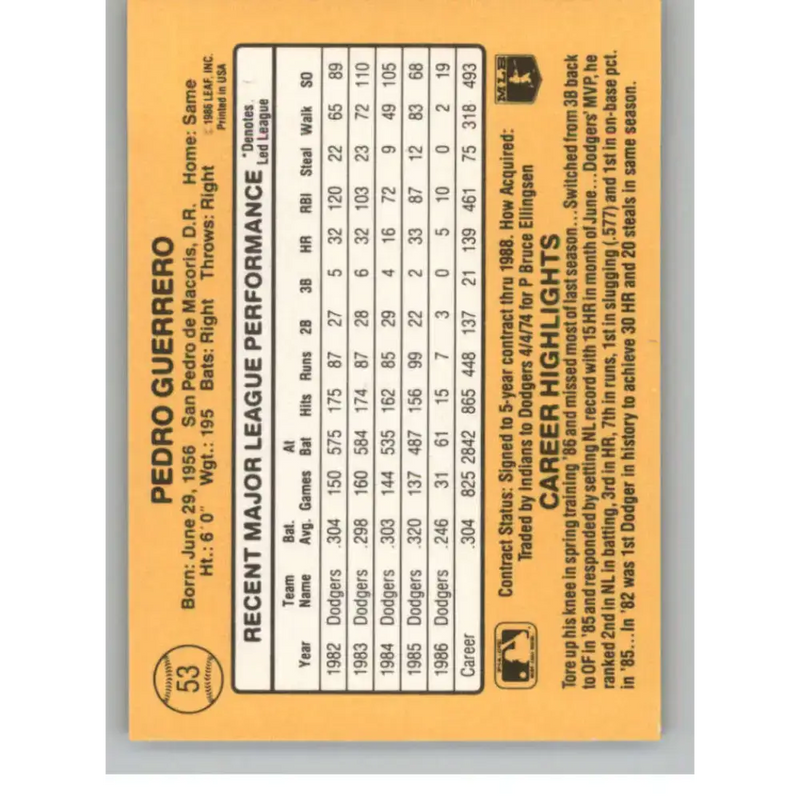 1987 Donruss #53 Pedro Guerrero EX Los Angeles Dodgers Baseball Card - Baseball Card Single