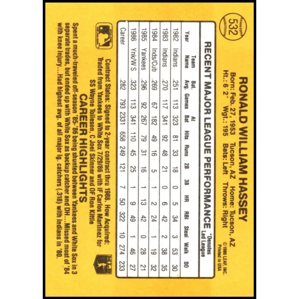 1987 Donruss #532 Ron Hassey EX Excellent Chicago White Sox Baseball Card - Baseball Card Single