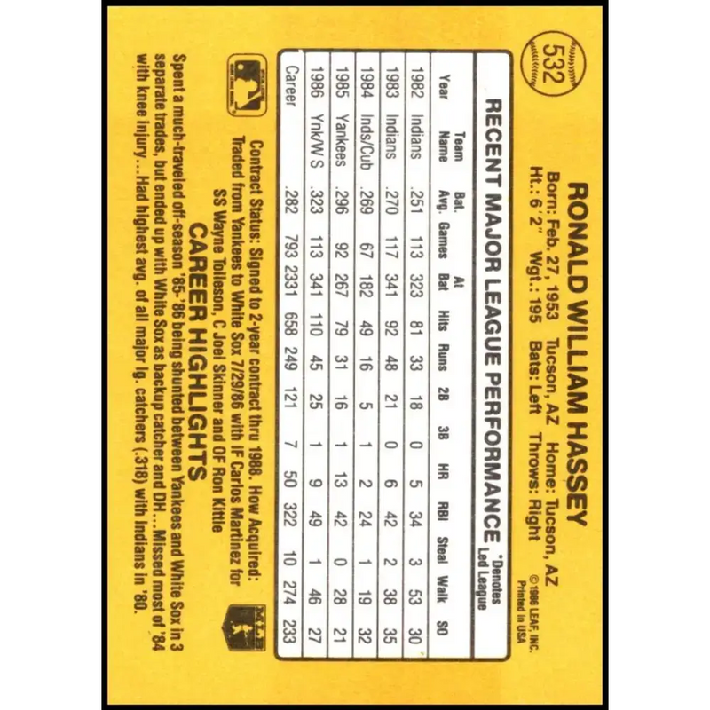 1987 Donruss #532 Ron Hassey EX Excellent Chicago White Sox Baseball Card - Baseball Card Single