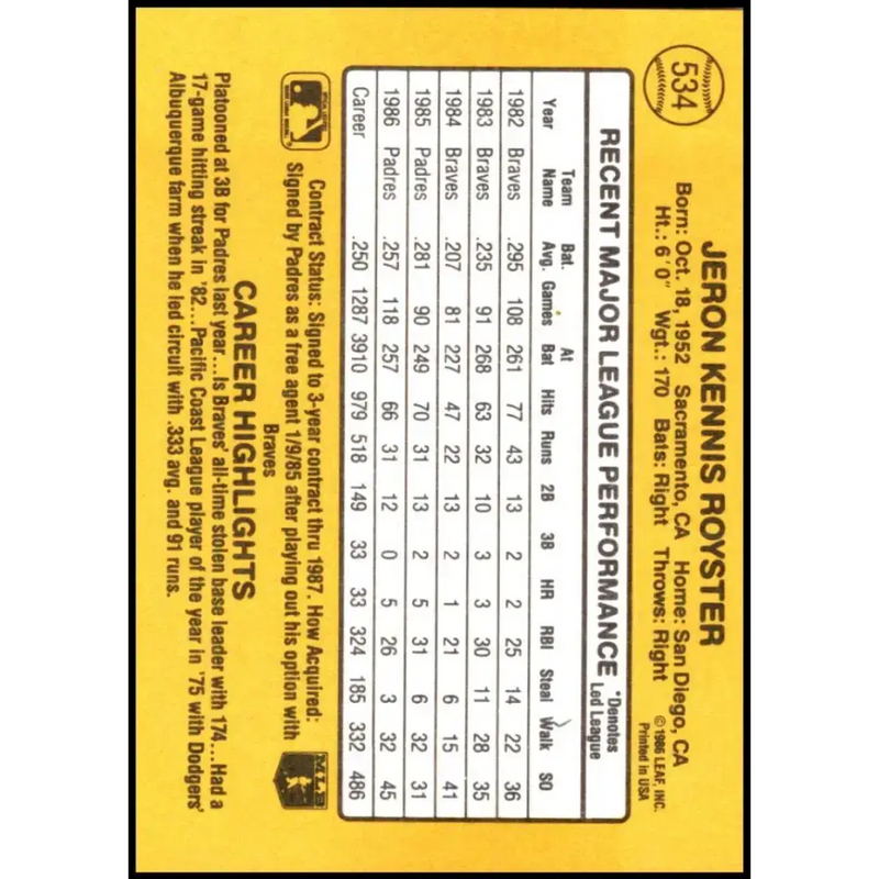 1987 Donruss #534 Jerry Royster EX Excellent San Diego Padres Baseball Card - Baseball Card Single