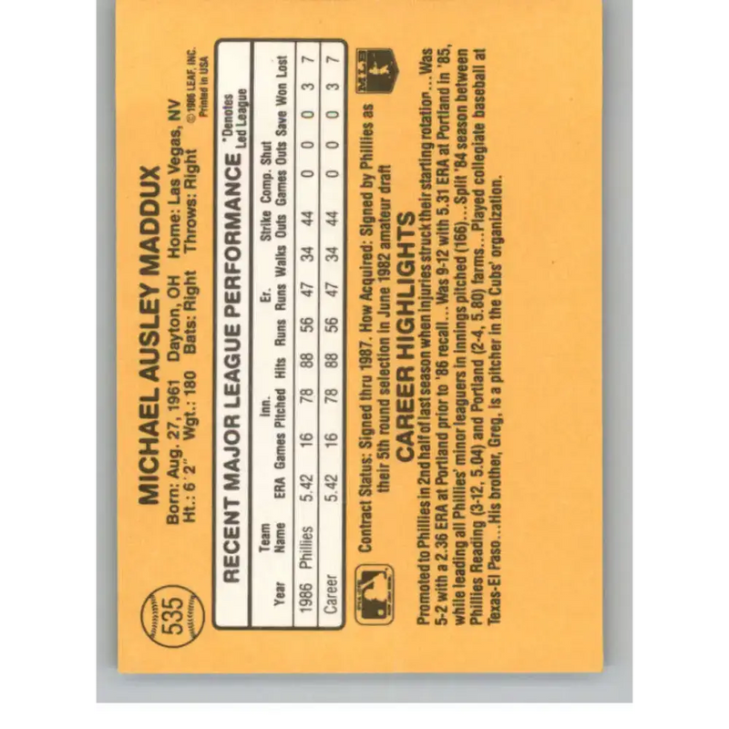 1987 Donruss #535 Mike Maddux EX Excellent RC Rookie Philadelphia Phillies Baseball Card - Baseball Card Single