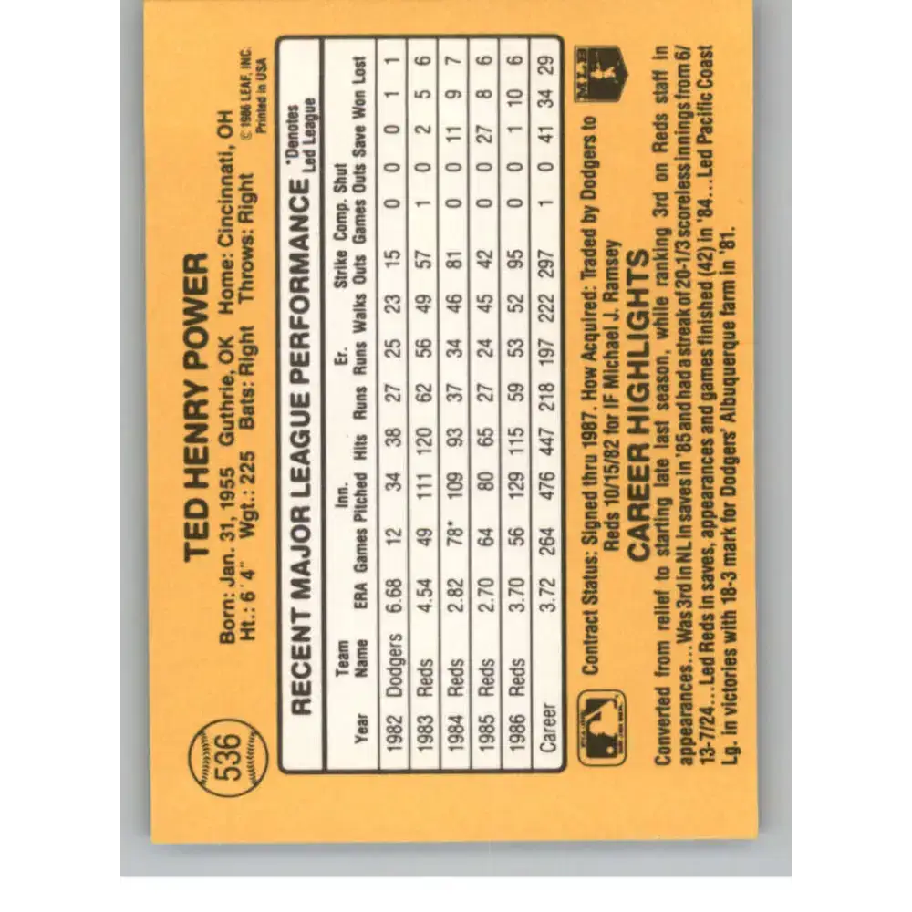 1987 Donruss #536 Ted Power EX Excellent Cincinnati Reds Baseball Card - Baseball Card Single