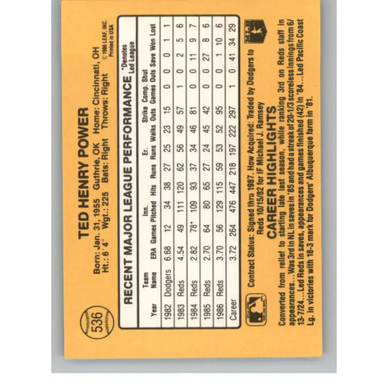 1987 Donruss #536 Ted Power EX Excellent Cincinnati Reds Baseball Card - Baseball Card Single