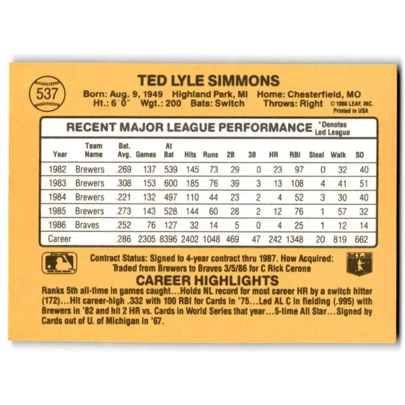 1987 Donruss #537 Ted Simmons EX Excellent Atlanta Braves Baseball Card - Baseball Card Single