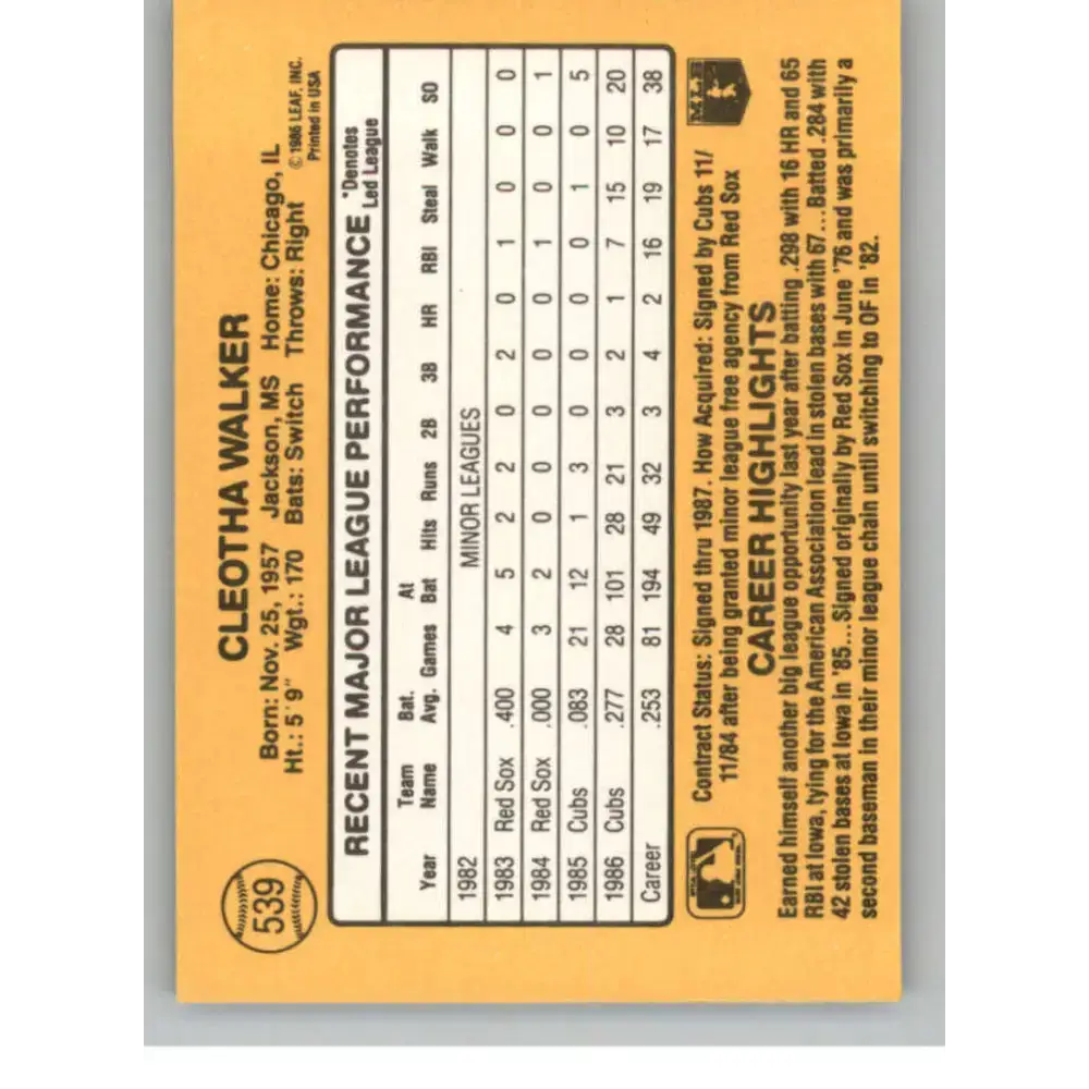 1987 Donruss #539 Chico Walker EX Excellent Chicago Cubs Baseball Card - Baseball Card Single