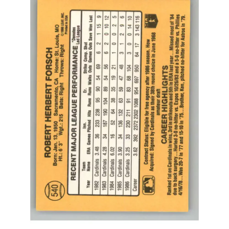 1987 Donruss #540 Bob Forsch EX Excellent St. Louis Cardinals Baseball Card - Baseball Card Single